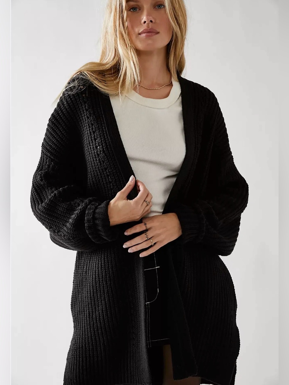 Free People Black Open-Front Chunky Knit Cardigan, Large